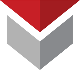 A geometric design with three downward pointing chevrons in red, dark gray, and light gray, forming a three-dimensional cube-like shape.