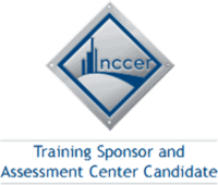 Logo with a blue diamond shape featuring 